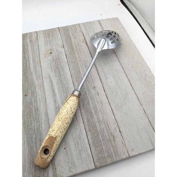 Vintage Ekco Chromium Plated Slotted Serving Spoon Wood Handle 12" - Picture 4 of 8